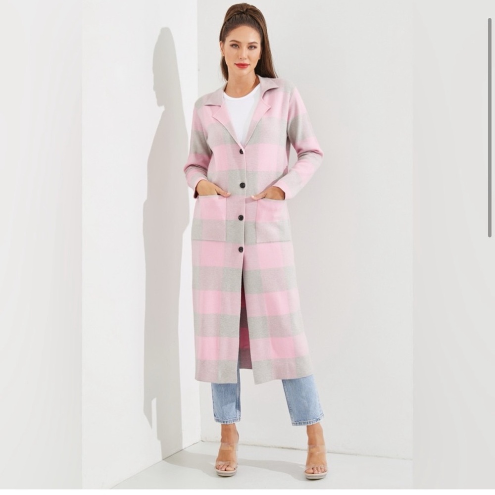NWT Plaid Knit Coat with Pockets in Light Pink Combo Size Medium